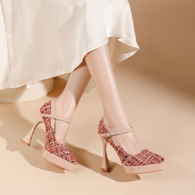 シューズ パンプス 2色展開 ツイード 切り替え ブラック ピンク 12CM