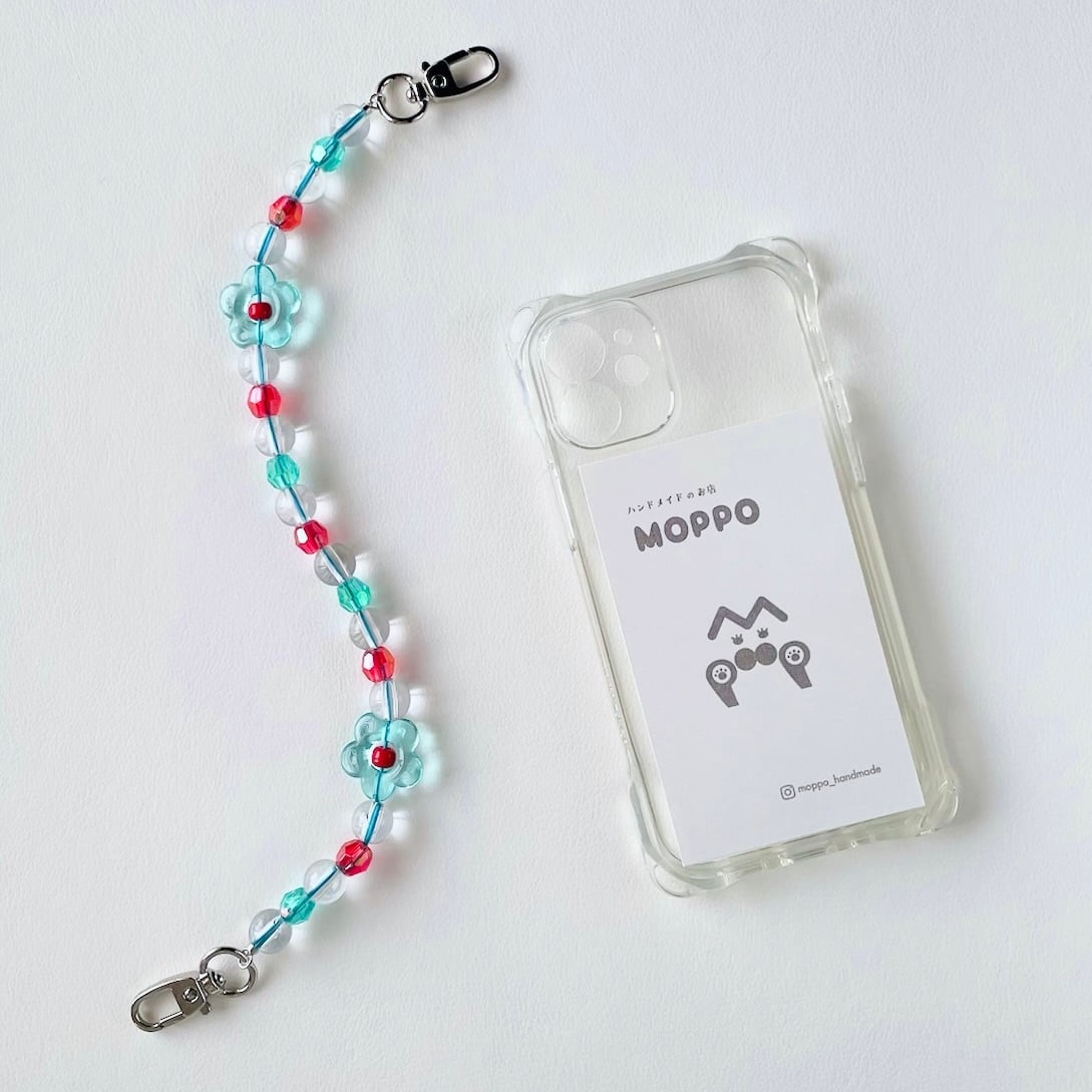 ビーズストラップ｜ポップクリアフラワー（ターコイズ） | MOPPO