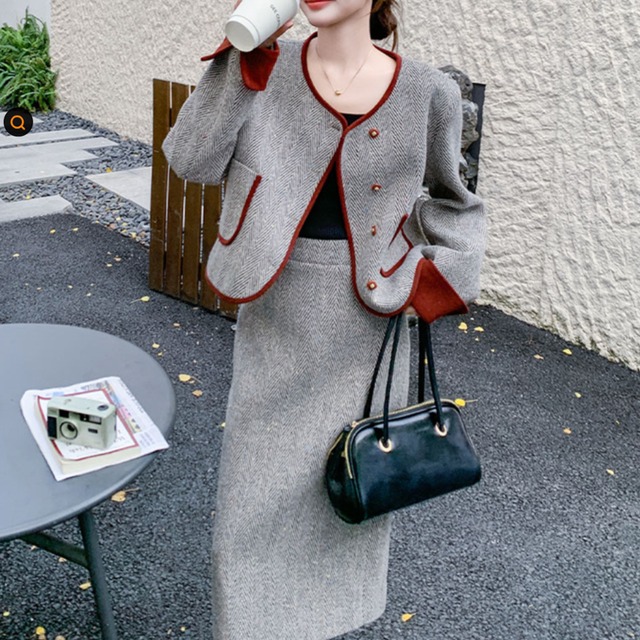 Piping design jacket & skirt set S1744