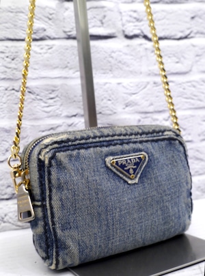 【レア】PRADA プラダ カナパ ヴィンテージ ダメージ加工 デニム ミニ チェーン クロスボディ ショルダー カメラ バッグ ポーチ ポシェット