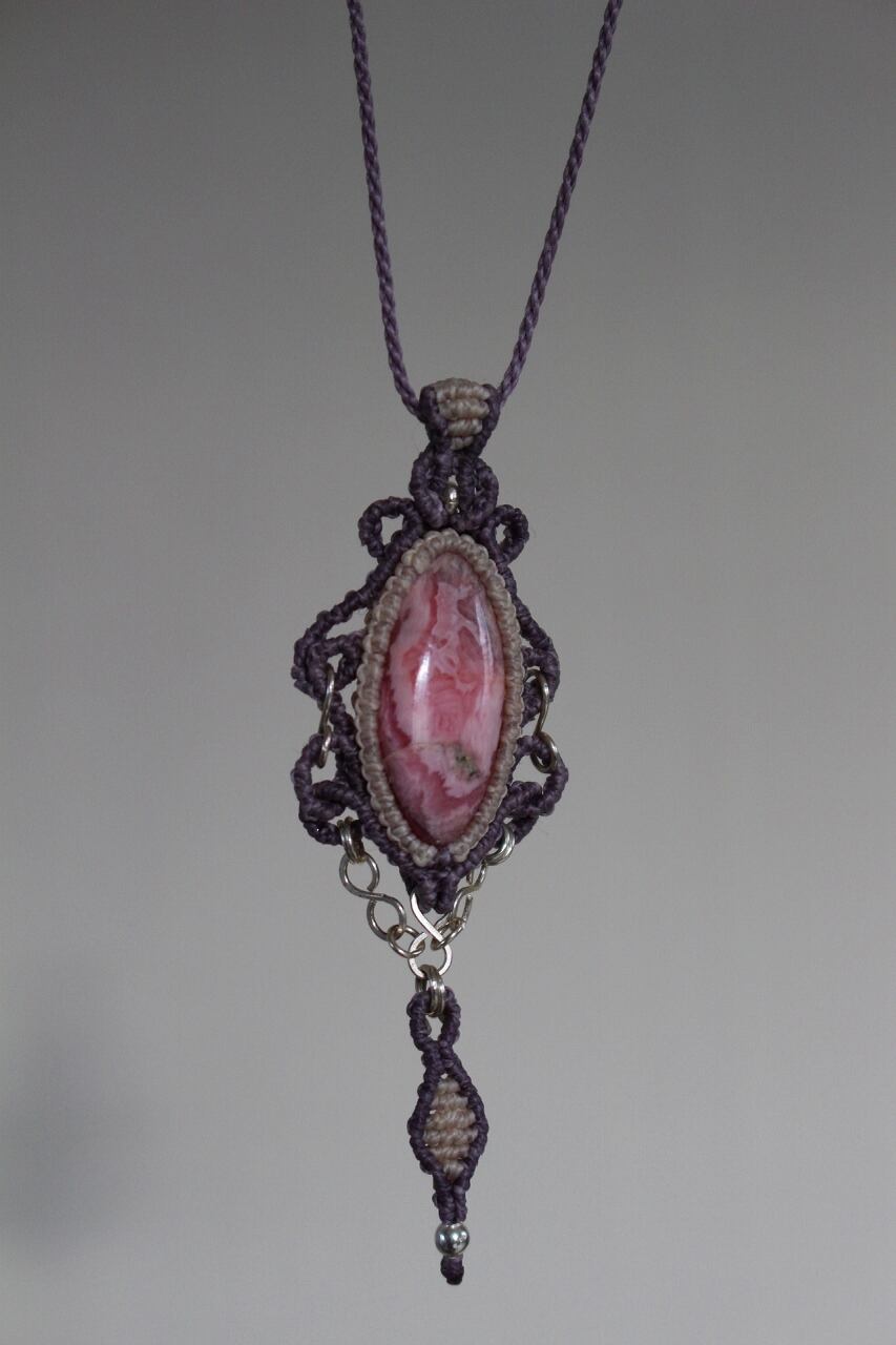 Rhodochrosite silverwire micromacrame pendant