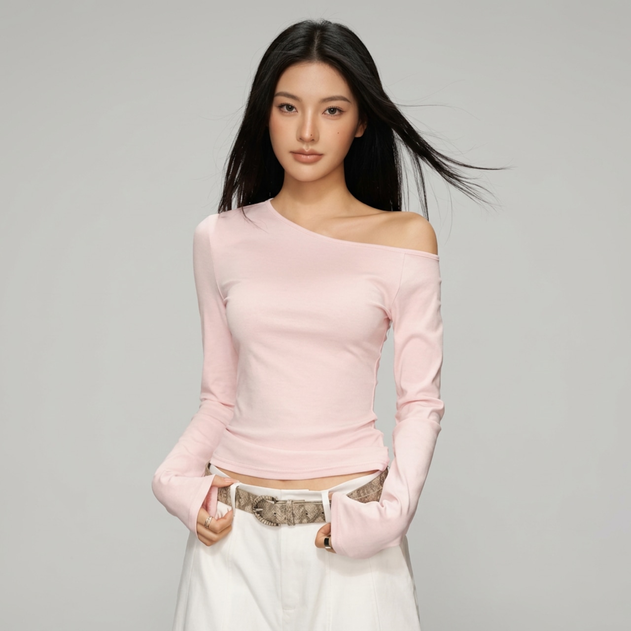 ワンショルダー スリムフィット 長袖Tシャツ   3colors  26012・画像8