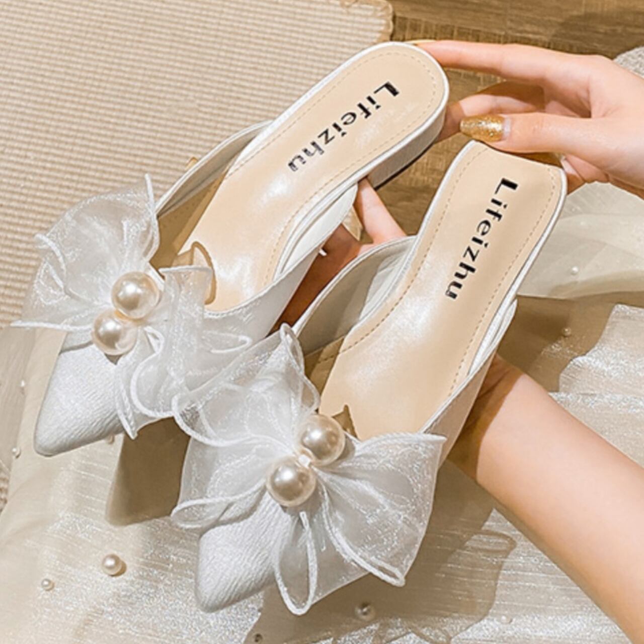 フェアリー リボンミッドヒール サンダル-ホワイト