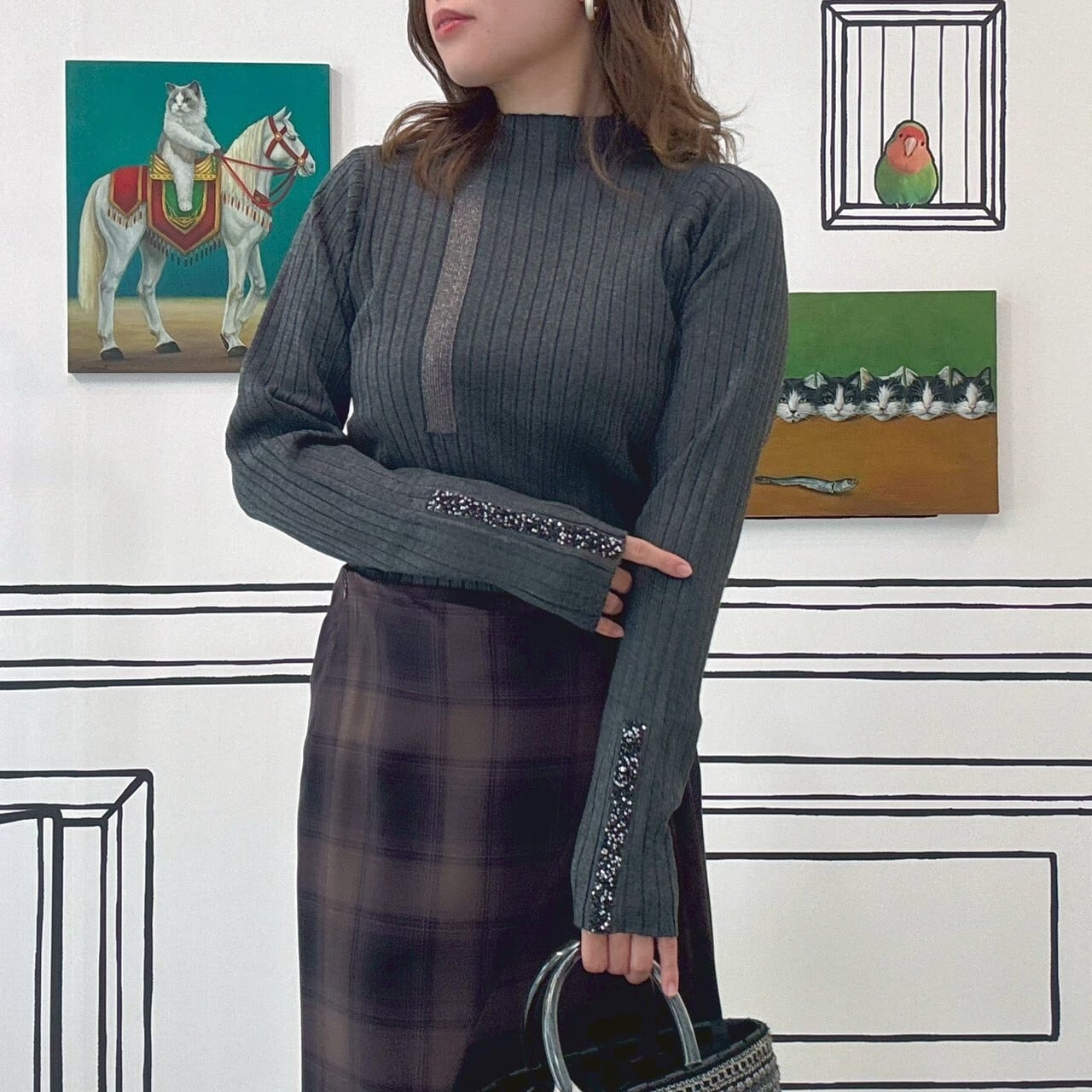 ラメラインハイネックリブニット