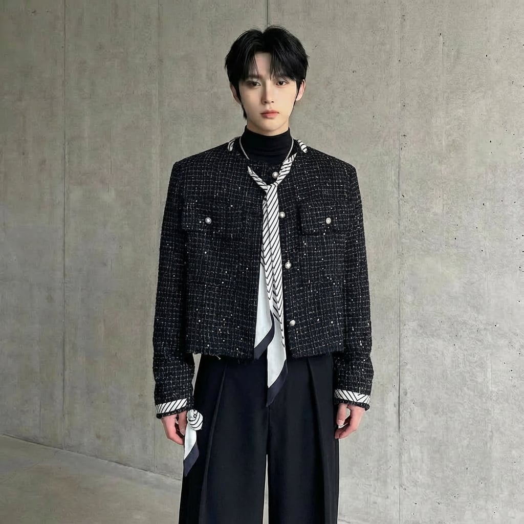 スカーフ付き ノーカラーツイード風ショートジャケット D11114