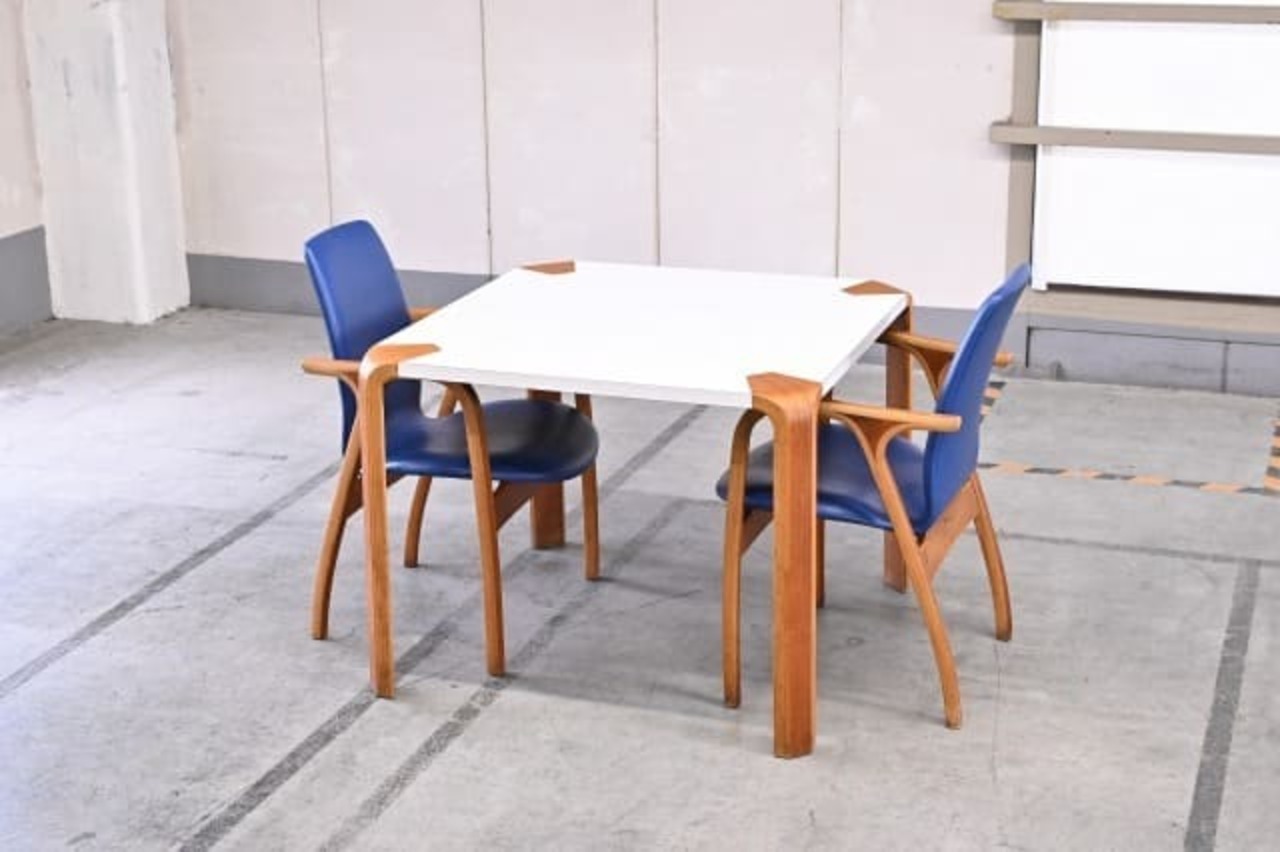 天童木工 25万「アントラー」ダイニング3点セット 坂倉準三 チーク材 オイル仕上げ テーブル アームチェア 机 スクエア 食卓 TENDO【中古家具/中古インテリア/USED家具ユーズド家具/リサイクル】