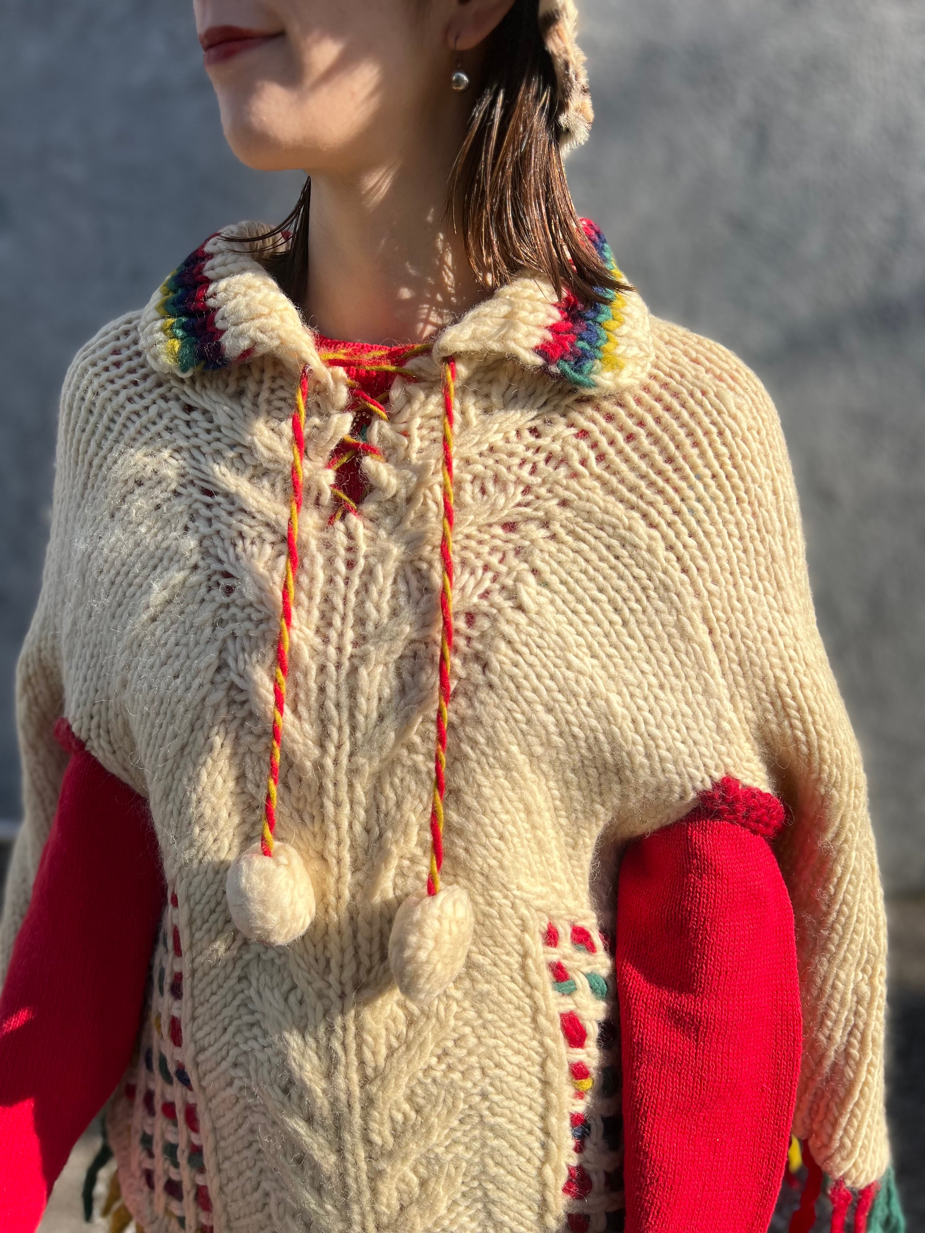 60s handmade off white × multicolor ponpon poncho 