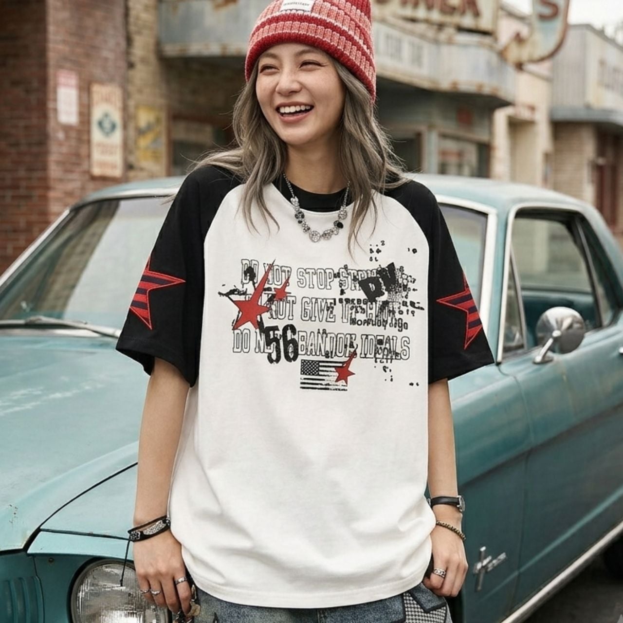 スターモチーフレタリンググラフィックラグランTシャツ 2col R02307
