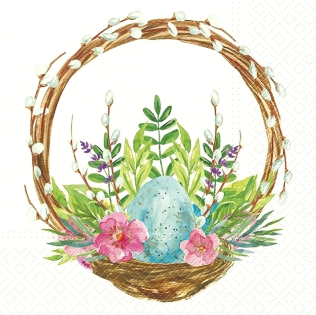 【TETE a TETE】バラ売り2枚 ランチサイズ ペーパーナプキン Easter basket catkins ホワイト