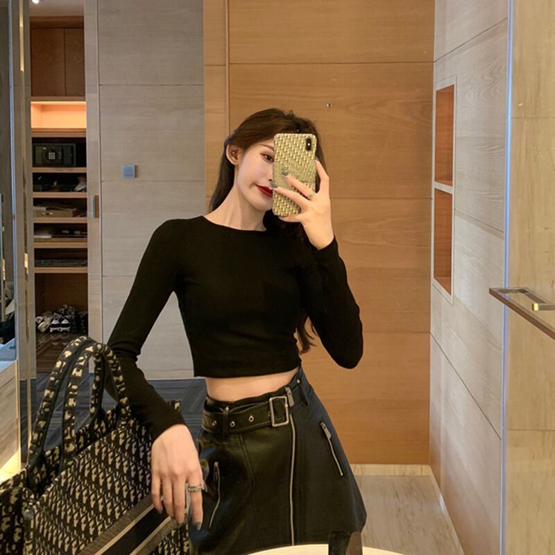 ショートスリムブラックシャツ トップス Tシャツ スプリングオータム ロング 春物 秋物 ブラックストロベリース4940693053