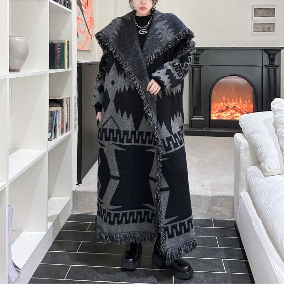 幾何学模様ビックカラーロングニットコート CO0158 | Style Sombre