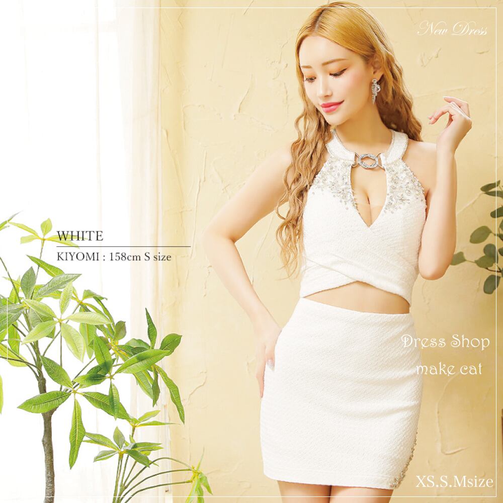 【AngelR】【即納】【当店特別価格】【税込】デコルテビジューリングアンイーブンファブリックセパレートタイトマイクロミニドレス | AR24308