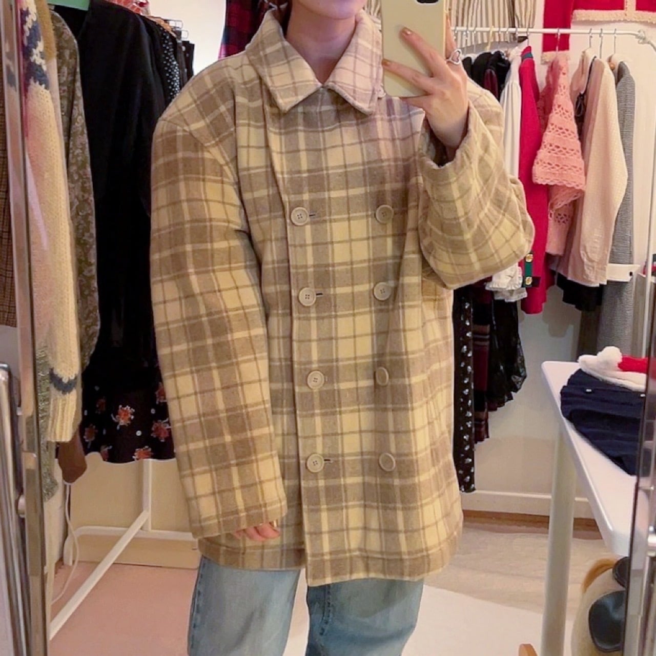 cream check big pea coat