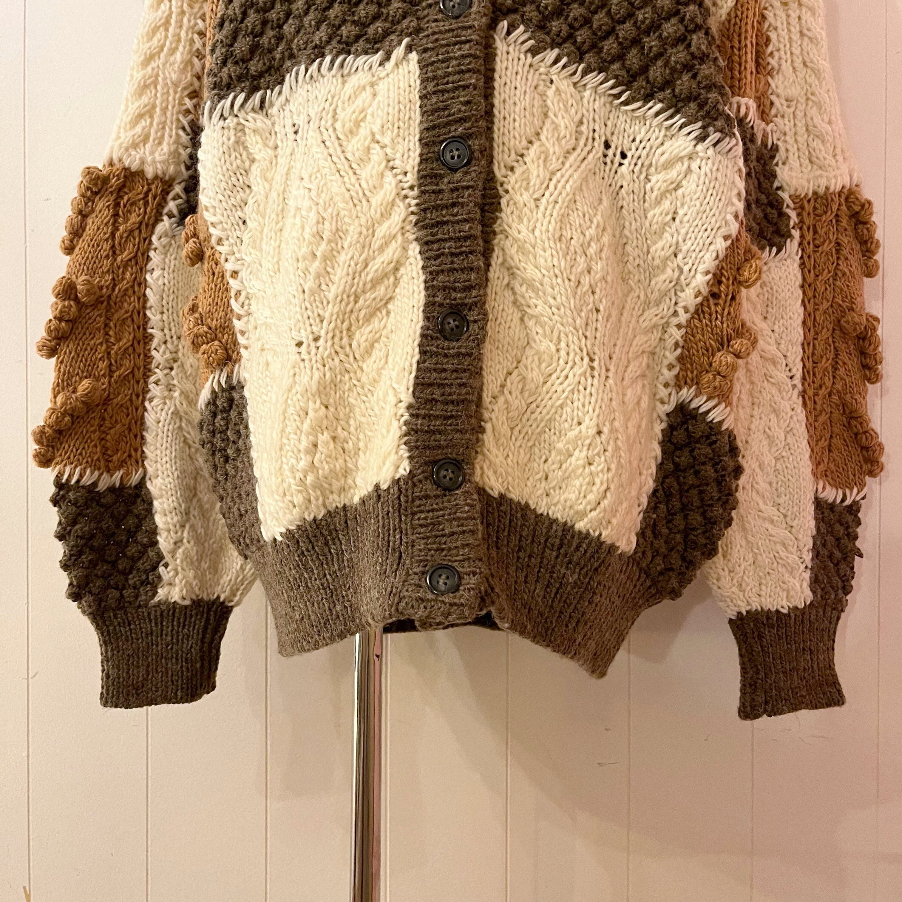 patchwork ponpon knit cardigan