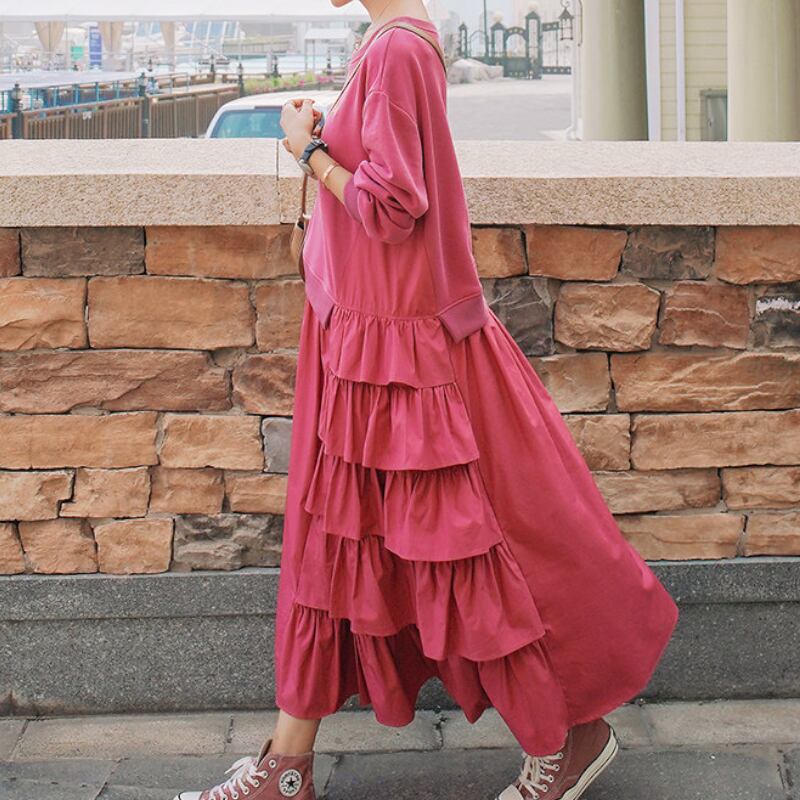 Asymmetric Tiered-Ruffle Sweatshirt Maxi Dress S0334