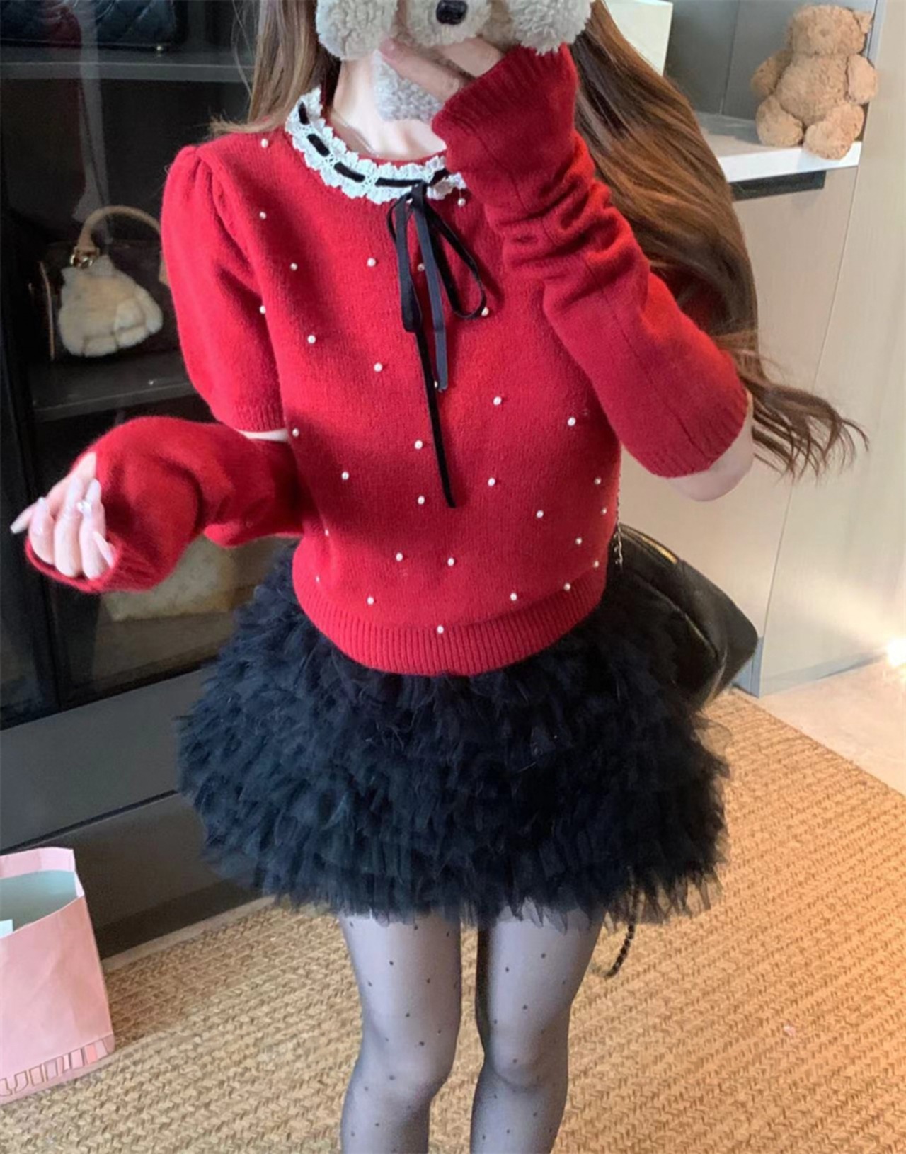 アームウォーマー付きパールガーリーニットトップス LK1817