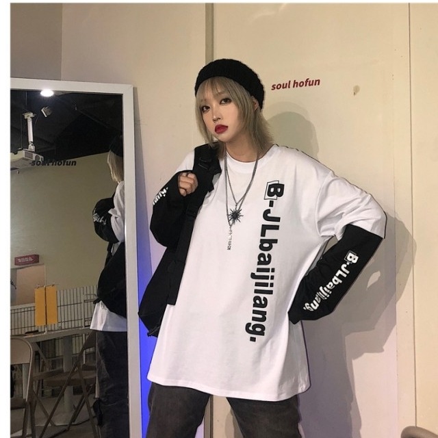 韓国 ファッション 原宿系 レディース 重ね着風 袖 ロゴ サブカル系 長袖 アメカジ 衣装 スケーター オルチャン 英文字 ストリート 韓国 Basecamp49