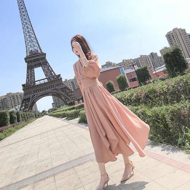フィッシュテールフレアワンピース ロング丈 カシュクール 七分袖 パフスリーブ バックリボン 春夏秋 フェミニン 大人きれい Op0565 Natuliria ナチュリリア