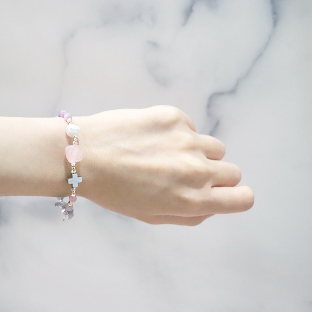 【Blooming Pink Roses】水紋天珠×ローズクォーツ×レピドライト ブレスレット