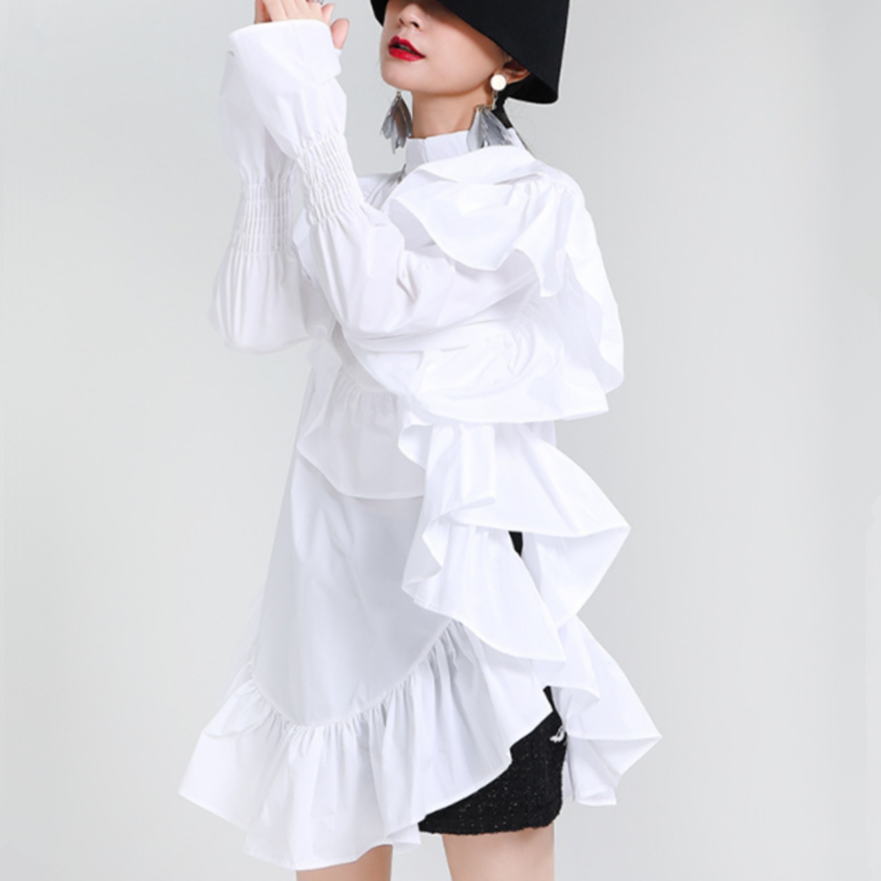 Ruffled bell sleeve high neck long shirt(ME002)