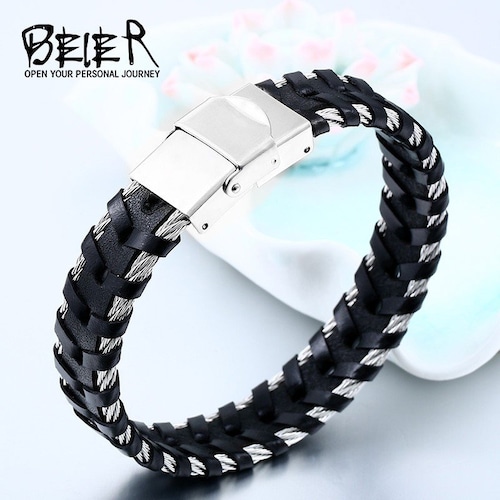 【送料無料】 メンズ ブレスレット バングル 316L ステンレス ピース レザー パンク ヒップ 10000488