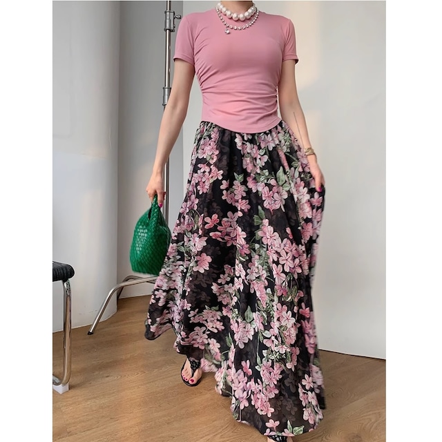 pink flower long skirt<s1647>