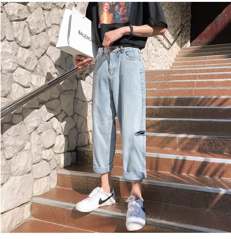 全1色 デニム パンツ ストレート カジュアル ダメージ おしゃれ