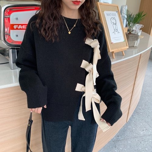 セーター ニット リボン 秋冬新作 ゆったり 体型カバー フェミニン 韓国 ファッション 10代 20代 ニット レイヤード 重ね着 秋 冬 セーター ニット リボン 秋冬新作 ゆったり 体型カバー