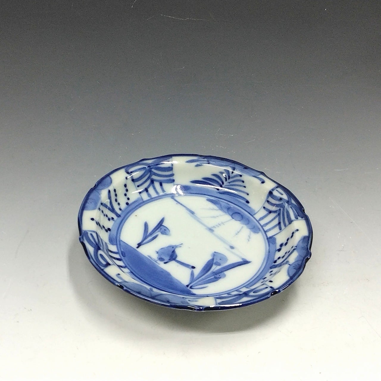 時代もの (大正-昭和(1920年代)頃) 手描 花鳥染付 芙蓉手 小皿/ 豆皿 1