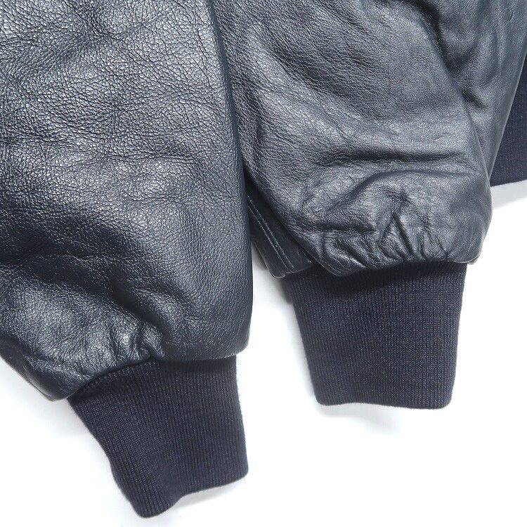 古着 jostens ウール スタジャン 袖レザー ワッペン ネイビー 表記：L