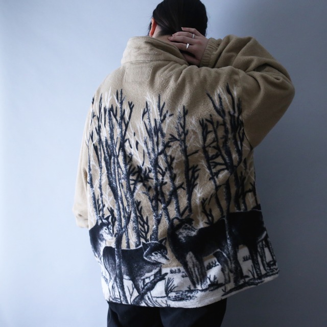 "狼" good animal and tree pattern over silhouette fleece jacket