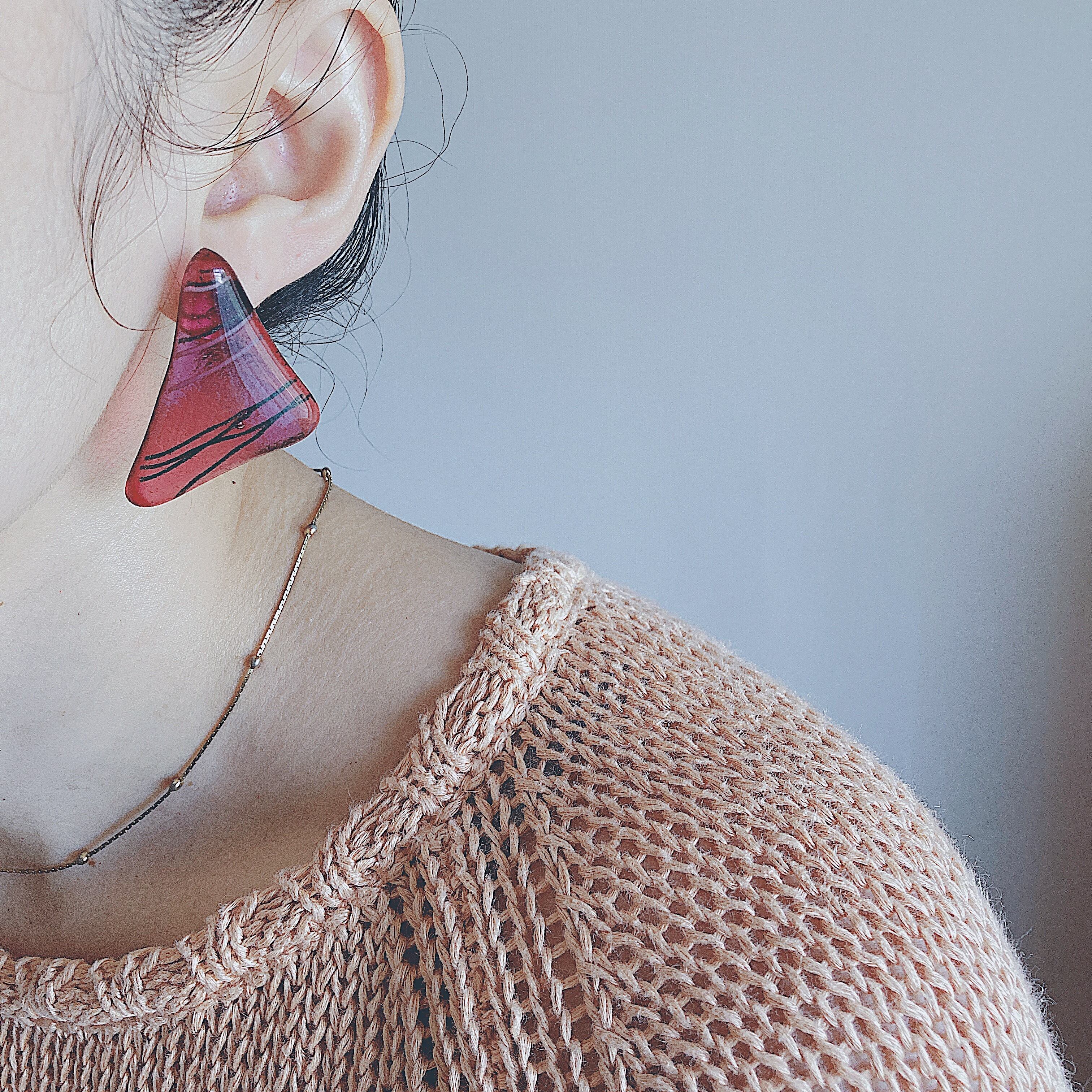 Vintage clear pink purple glass triangle earrings ヴィンテージ