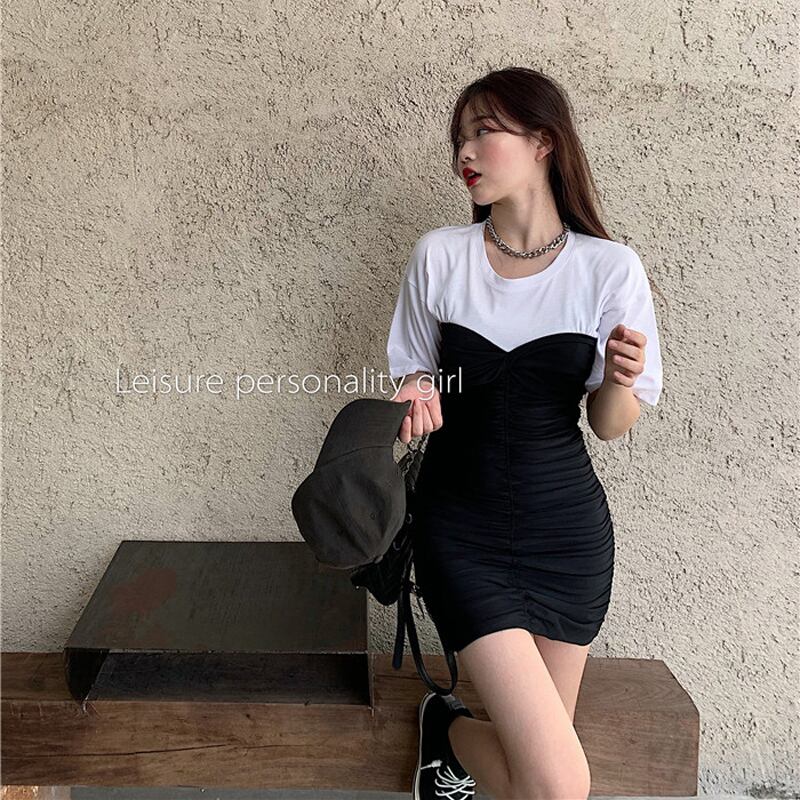 黒と白のコントラストステッチシャツドレス女性のスリムウエストショートスカート2020年夏の新しい気質の薄いスカート ブラックストロベリース68405329819