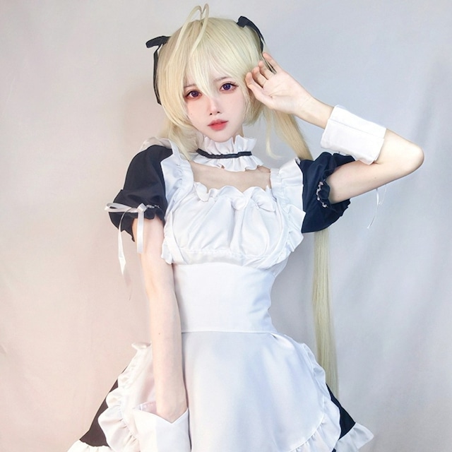 With U ゴスロリ系 ゴシック ロリィタ メイド服 フルセット ワンピ エプロン 袖カバー チョーカー  コスプレ コンカフェ メイドカフェ 秋葉系