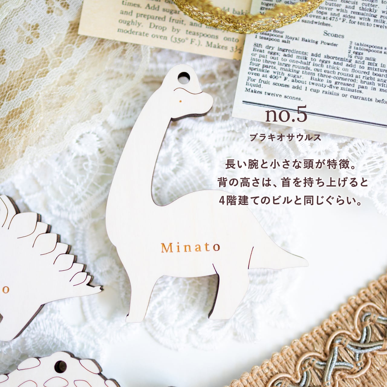 2点セット〉恐竜⌇子供席札・チャーム・タグ, 名入れ, 木製「Herbivore