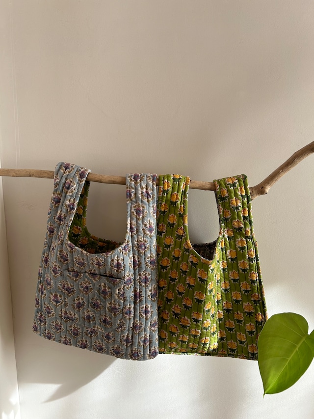 tokotoko_bag　水色×イエローグリーン　ブロックプリントキルティング　バッグ