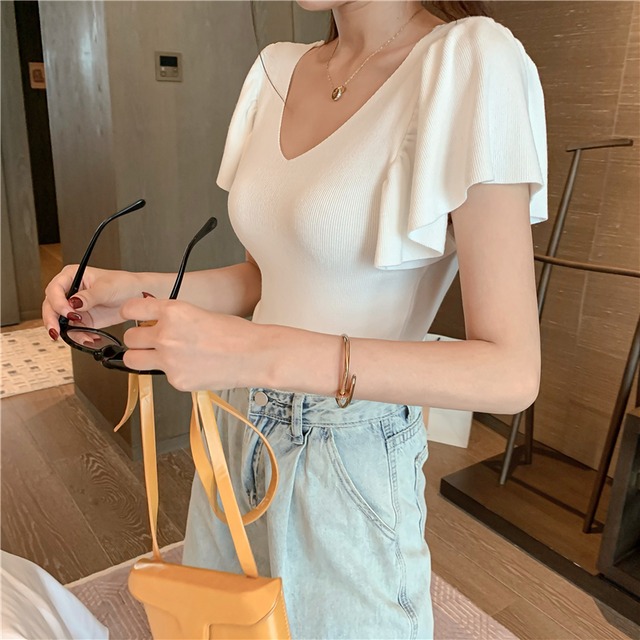 トップス レディース カットソー ニット サマーニット ショート丈 半袖 フリル タイト スリム 細身 Vネック かわいい 大人可愛い きれいめ シンプル カジュアル 上品 清楚 シック おしゃれ 綺麗 お嬢様 クール モード系 おとな ナチュラル こなれ感 ラフ キュート ガーリー モダン 抜け感 無地 OL 通勤 デート お出かけ 女子会 リゾート 旅行 S M L XL ブラック ピンク ホワイト グリーン 春 夏 20代 30代 40代 50代 韓国 着回し 普段使い 体型カバー 定番 送料無料