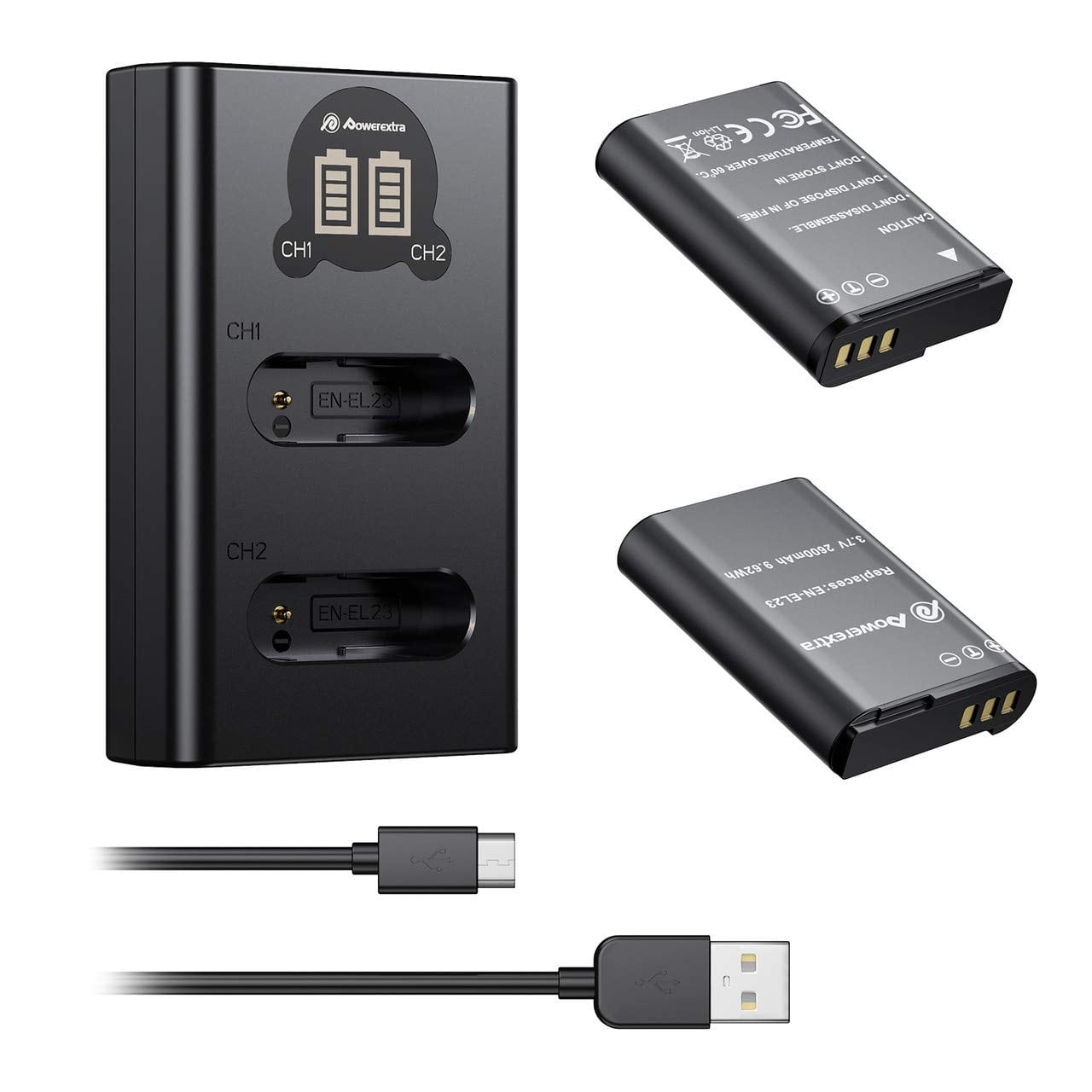 Powerextra EN-EL23 互換バッテリー+バッテリー充電器 2*2600 mAh 大