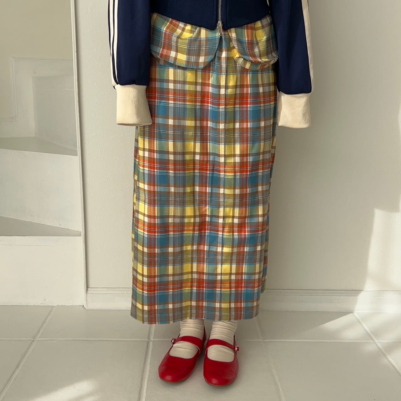 チェック柄タイトロングスカート_XM33