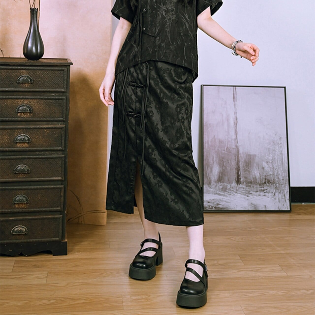 サブカル 服 地雷系 通販 チャイナ風服 古怪舎チャイナ風 タイトスカート スリム スリット 花柄 闇かわいい