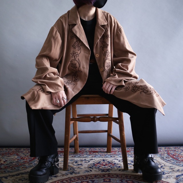 "花×刺繍" over size open collar fake suede shirt jacket