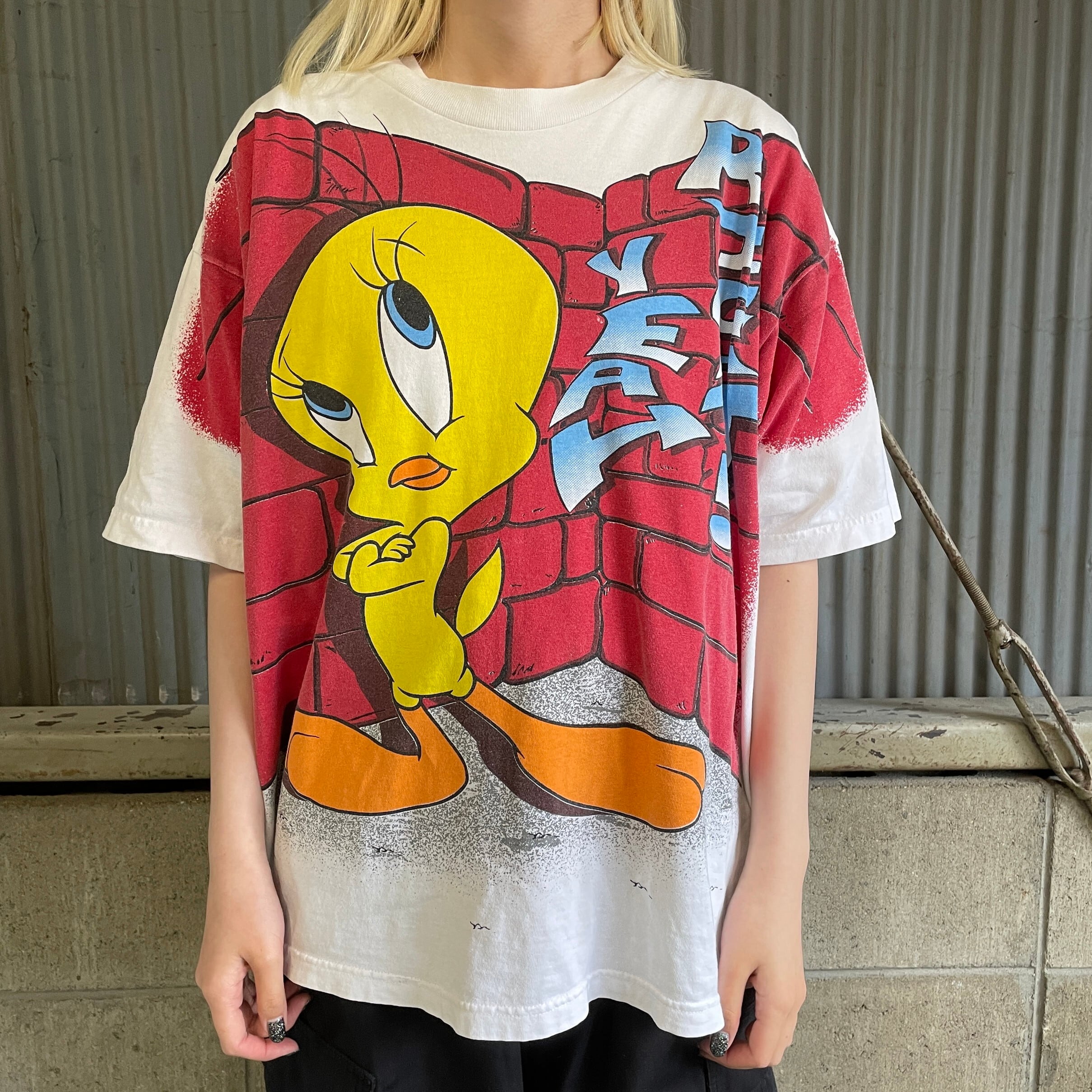 ★90s位 レア ビンテージ トゥイ―ティー オーバーサイズ 両面 Tシャツ　灰