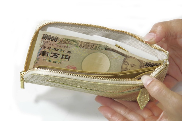 ✦OUTLET✦【KGM09】　一万円札が折らずに入る最小サイズの長財布「L字束入」（カゴメメッシュ型押革）