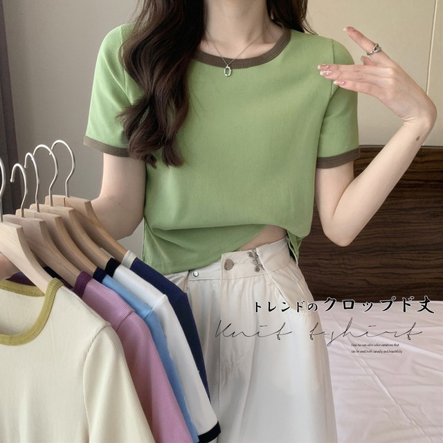 リブ ニットTシャツ レディース韓国半袖