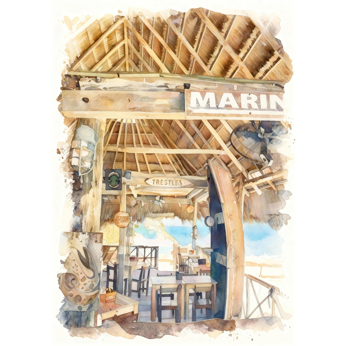 絵画 風景画 夏 メキシコ カリブ海沿岸部のビーチバー インテリアアート額付き 水彩画風 WAT1659