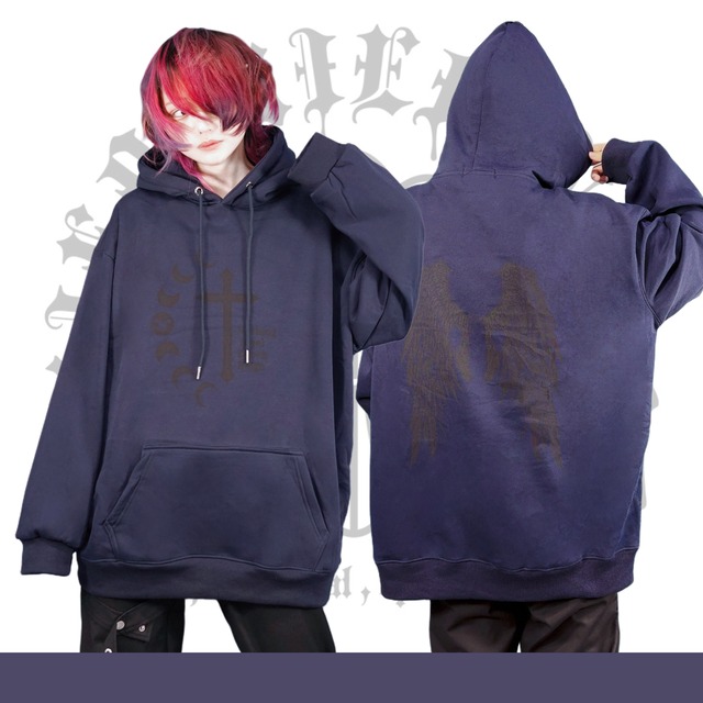 BLIND PRINT NAVY FLEECE HOODIE【月齢×十字架】