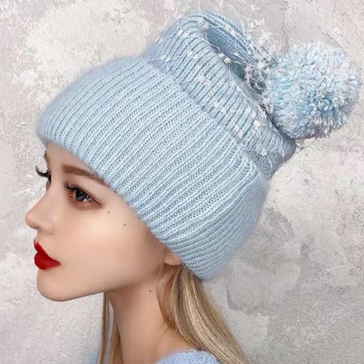 ブルー 水色 ニットの帽子 ハット ボンボン | LOVEYsmileSHOP