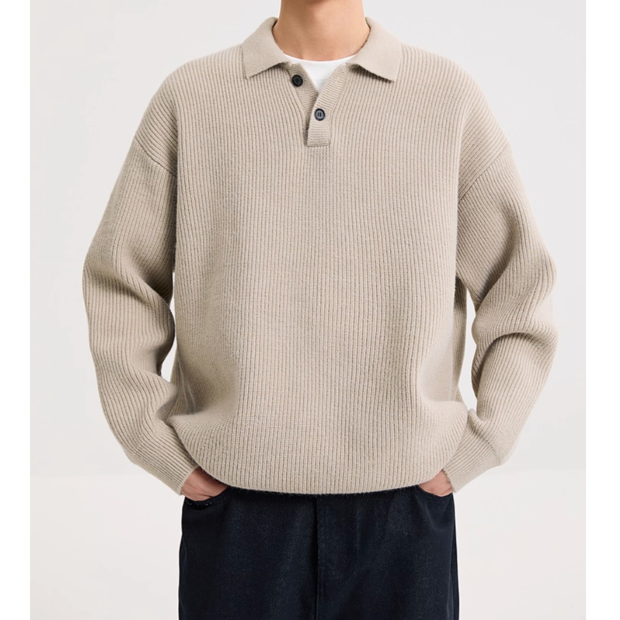 オープンカラー リブ編み長袖ニット af0399