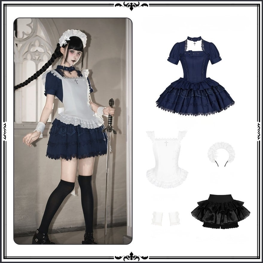 ロリータファッション ゴスロリネイビーメイド服5点セット | ロリィタ