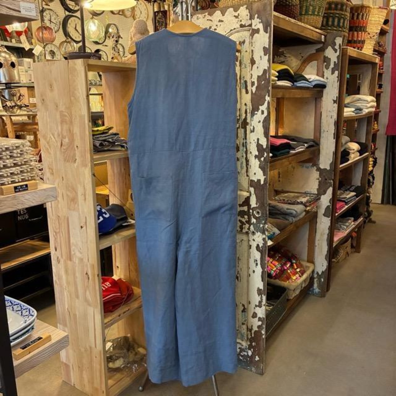 UNIVERSAL TISSU Triple Washed Linen Cotton Wrap Culotte Overalls in Smoky Blue